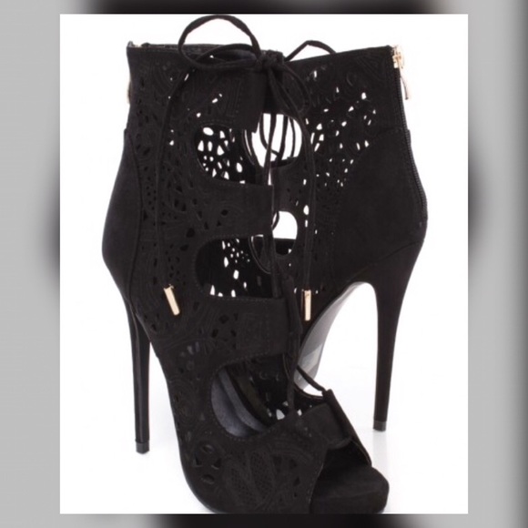 BLACK PRINT PEEP TOE LACE UP - Picture 1 of 3