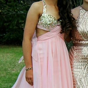 Light pink with gold accent prom gown