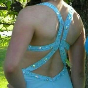 Blue open back prom gown