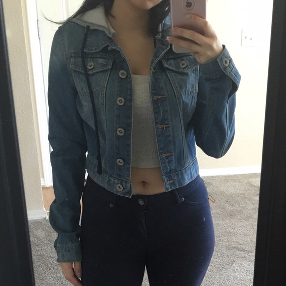 Denim jacket with gray hoodie!