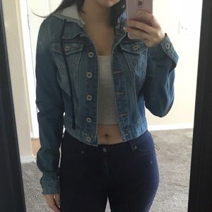 Denim jacket with gray hoodie!