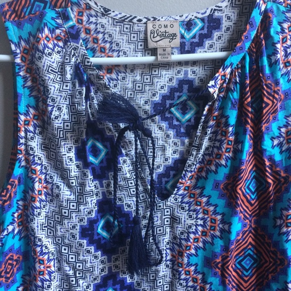 NEW Blue Print Tassel Sleeveless Blouse Top - Picture 2 of 3