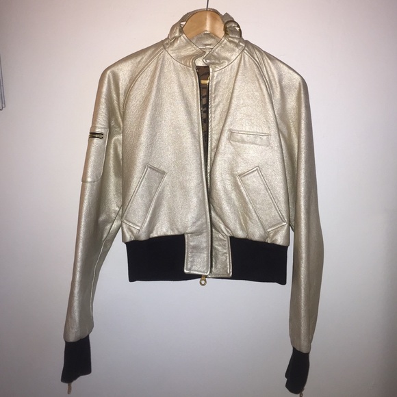 Gold leather jacket with animal print lining