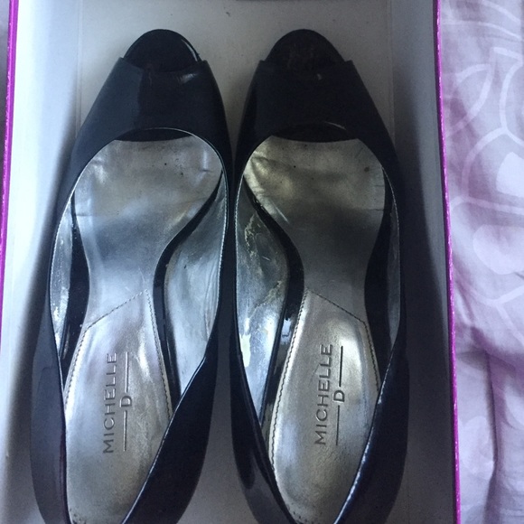 Michelle D Black patent leather, peep toe wedges❤️