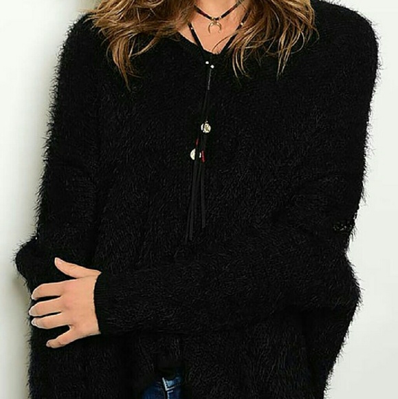 Boutique Sweaters - Black Fuzzy, Oversized Sweater w/Chain Design