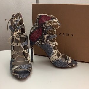 ZARA lace up snake skin ankle booties heels shoes