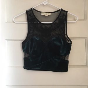 Green and black velvet/lace crop top