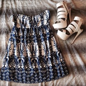 Strapless blue and white mini dress