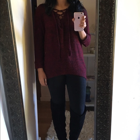 Lace up 2-Tone Heather Knit Top