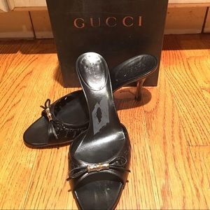 Gucci Mirabelle Black Leather Sandal w/ Gold Bit