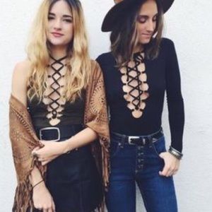 ISO carmar lace up long sleeve blac bodysuit