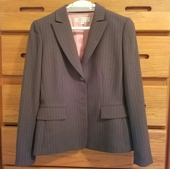 Tahari 3 Piece Grey Pantsuit with Pink Pinstripes