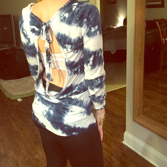 White and blue long sleeve open back top