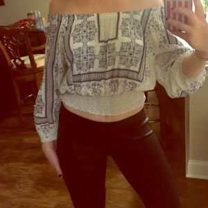 Blue and white bandana off shoulder crop top