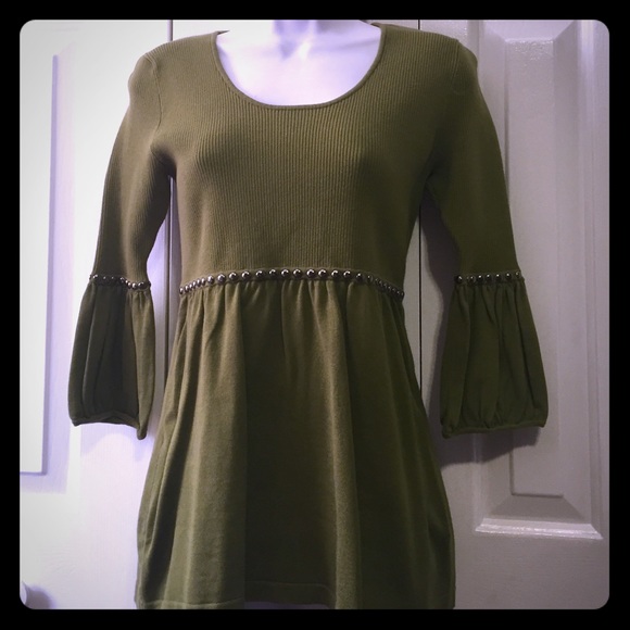 Olive green 3/4 sweater with metal stud detail