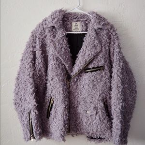 UNIF x UO Furry Moto Poodle Coat in Grey/Lavender