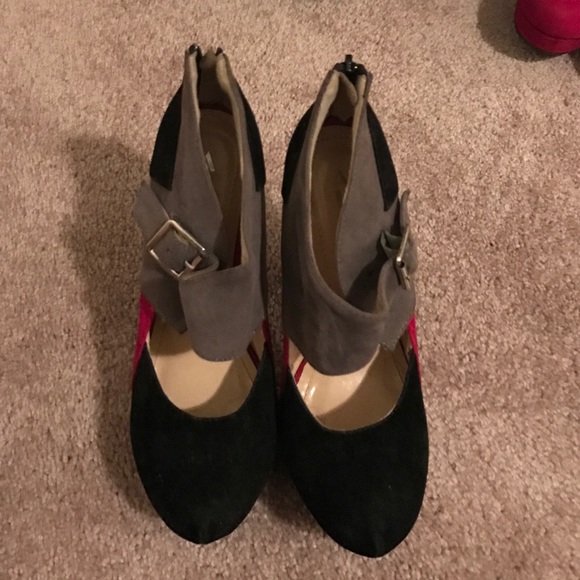 Red, grey, and black pumps