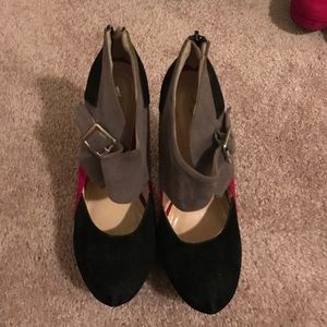 Red, grey, and black pumps