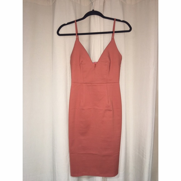 Fitted Salmon Plunge Neck Midi Dress