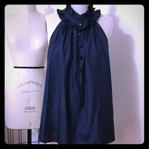J CREW Navy Top, High Ruffled Neck