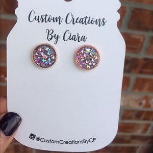 Handmade boutique Druzy earrings purple stud gem