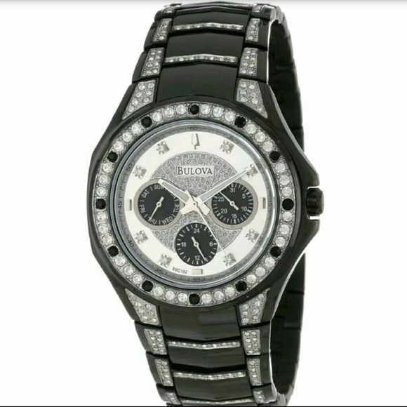 BULOVA $599 BLACK LONIC PLATED & CRYSTAL watch