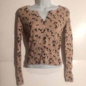 Tan button up cardigan with bow print