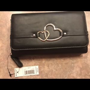 Black silver heart trifold wallet