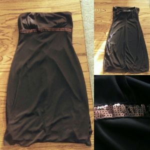 Brown strapless dress with sequin trim