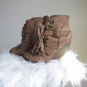 Camel Buckle Wedge Booties