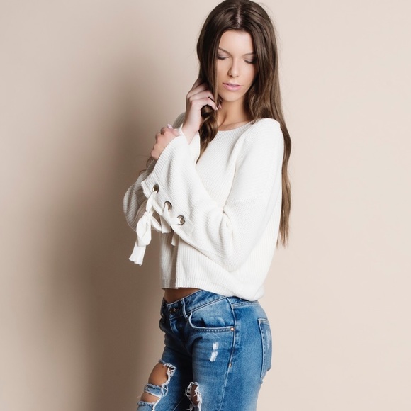 1DAYSALE Lace Up Sleeve Sweater Top - Picture 3 of 4