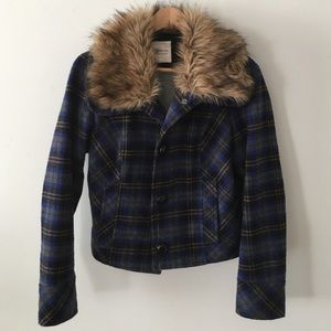 Wool blend plaid winter coat with faux fur