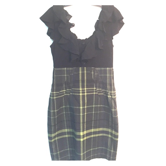 Arden B Pencil Dress w/Ruffle Neck & Plaid Skirt