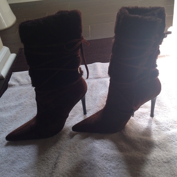 Brown faux fur/suede mid calf boots