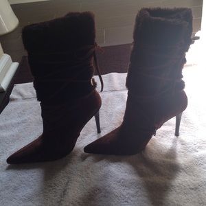 Brown faux fur/suede mid calf boots