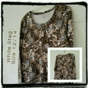 M4) white stag Brown floral long sleeve top flower shirt brown 12/14