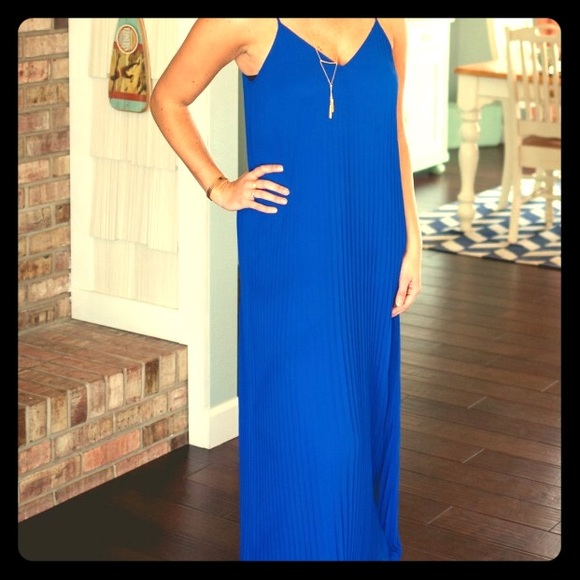 Blue Accordion Pleated Chiffon Maxi Dress