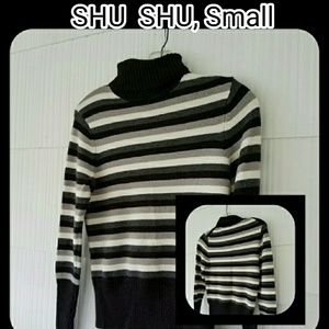 D) SHU SHU Women’s Small Black Gray White Striped Turtleneck Sweater