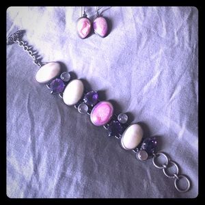Pink druzy, pearl bracelet w matching earrings