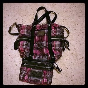 Coach poppy berry plaid tote with matching large w