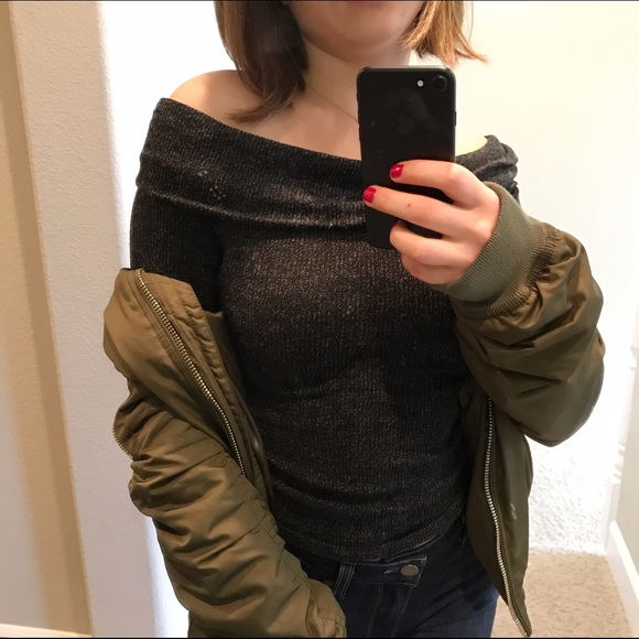 LAST ONE 🌹 Off the Shoulder Charcoal Sweater - Picture 3 of 4