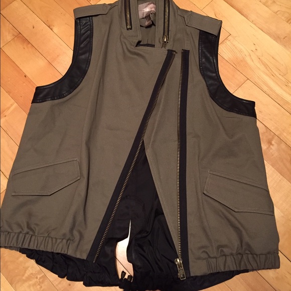 Army Green & Faux Leather Moto Vest