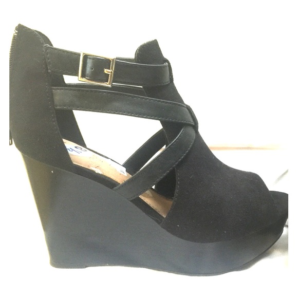 Black 4" wedge open toe high heels