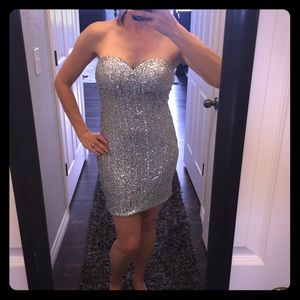 Silver Sequined Strapless Dress