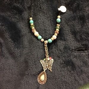 Silver butterfly with turquoise dangle necklace