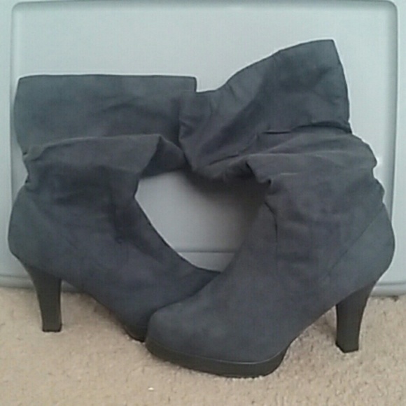 Gray calf length heel boots