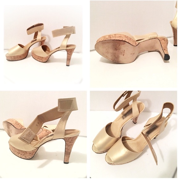 Medici Holiday Gold & Cork Peep Toe Platform Heels - Picture 2 of 8