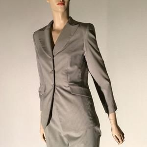 Petite Donna Sands sage/ivory pinstriped suit