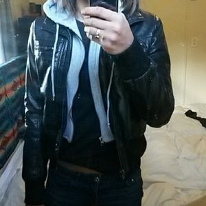 Black leather jacket w/ hood