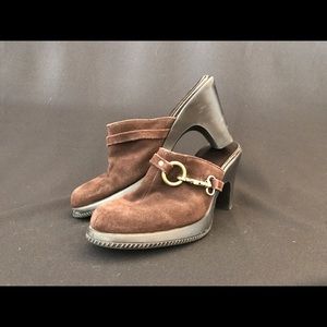 Brown suede clogs